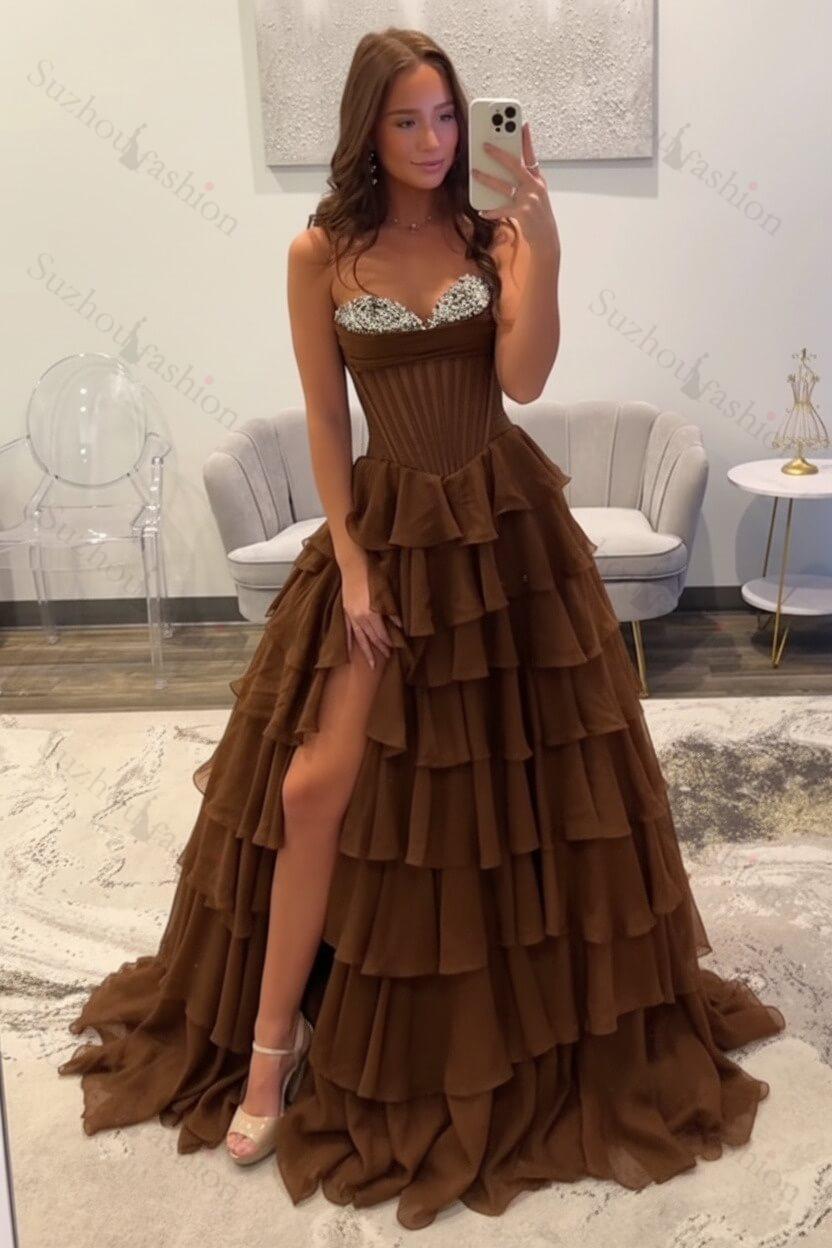 Ruffled Black Prom Dress A Line Corset Long Formal Dress With Beadings