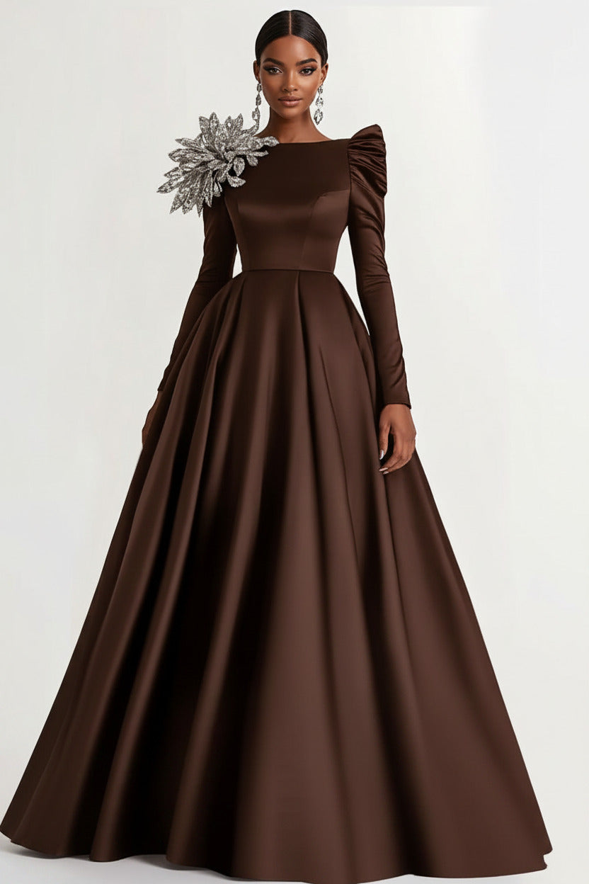 A-Line Long Black Wedding Guest Dress Satin Boat Neck Formal Dress With Long Sleeves