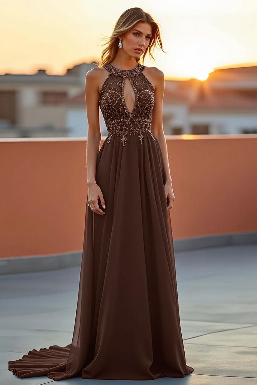 Beaded Navy Wedding Guest Dress Halter Long Formal Dress With Embroideries