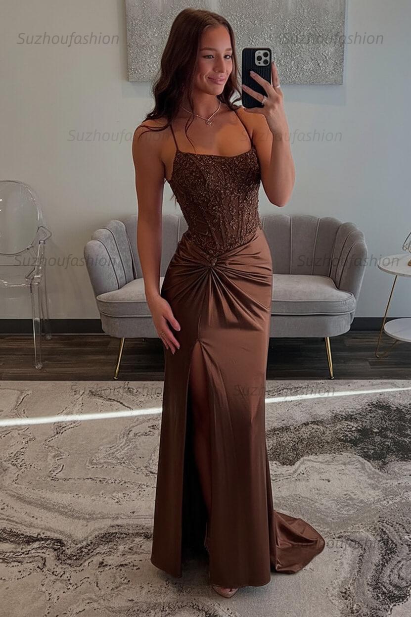 Red Prom Dress Spaghetti Straps Ruhed Long Lace Formal Dress With Appliques