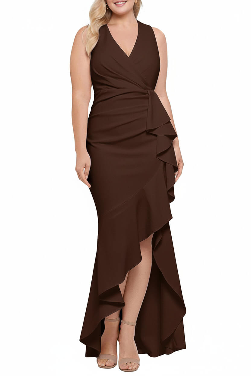 V Neck Sleeveless Plus Size Long Sheath Column Mother of the Bride Dress with Ruffles