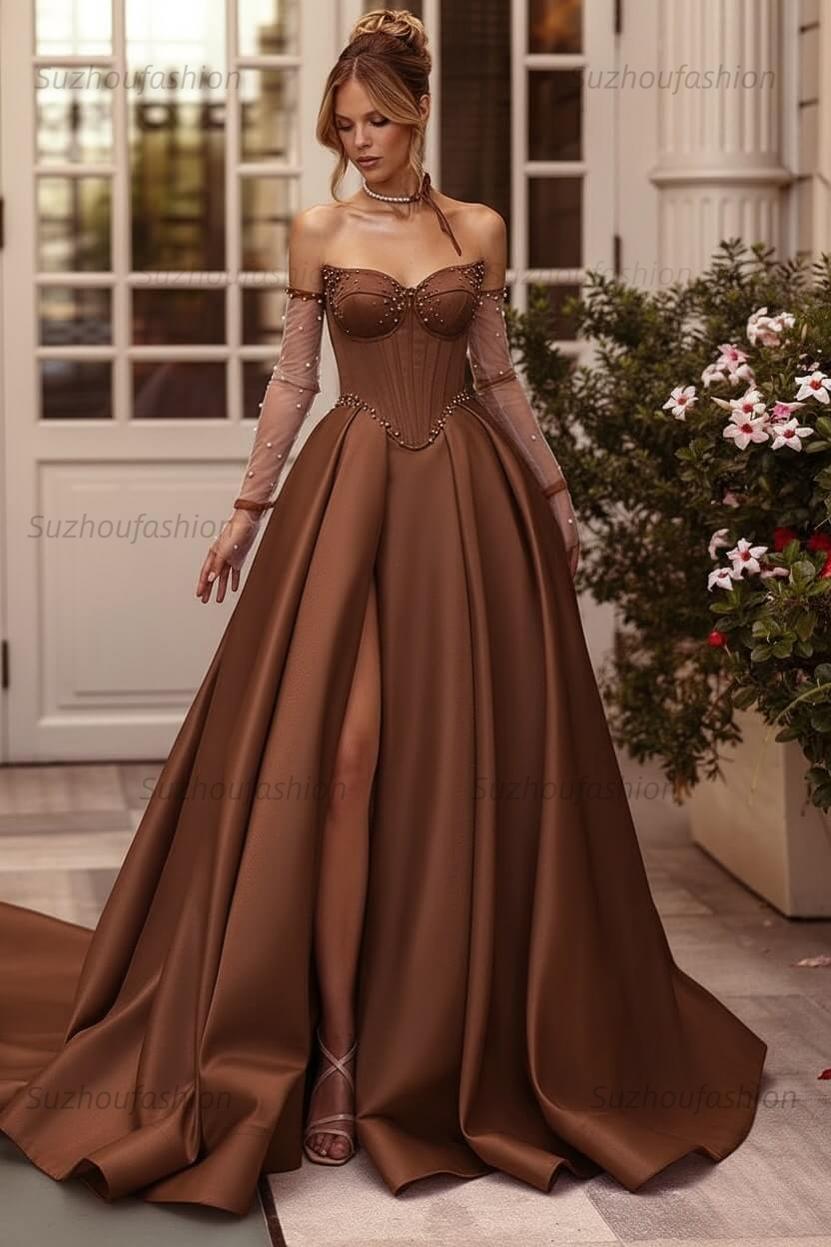 Lilac Prom Dress Beaded A Line Sweetheart Corset Evening Dress with Slit