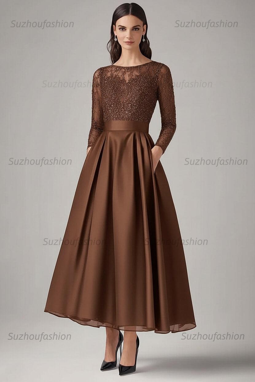 Navy Wedding Guest Dress Beaded A Line Long Sleeves Formal Dress With Lace