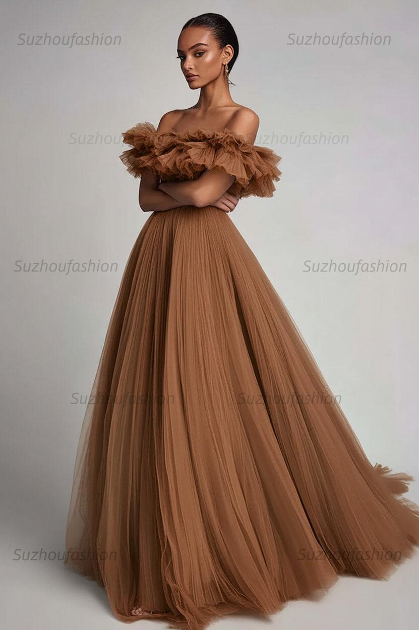 Dusty Sage Prom Dress Tulle A Line Long Formal Dress With Ruffles