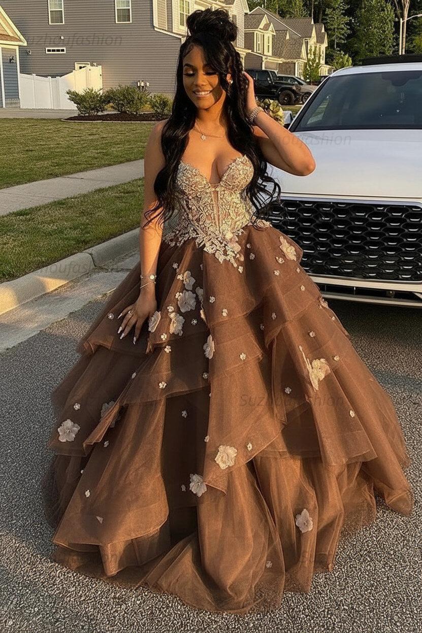 Sage Prom Dress Floral Tiered Ruffles A-Line Sweetheart Corset Long Formal Dress