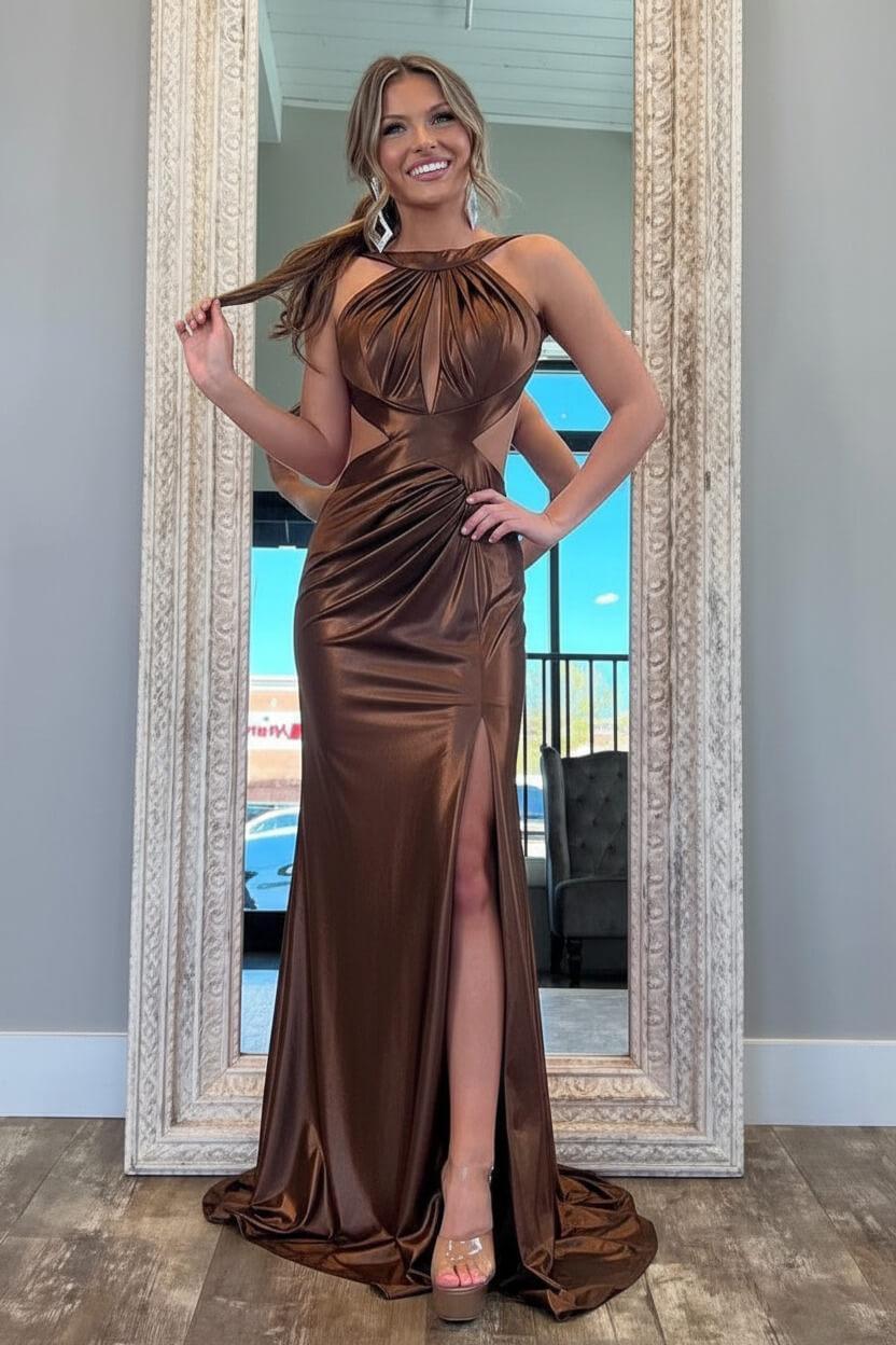 Suzhoufashion Stylish Fuchsia Metallic Mermaid Prom Dress With Slit And Open Back Formal Evening Gown