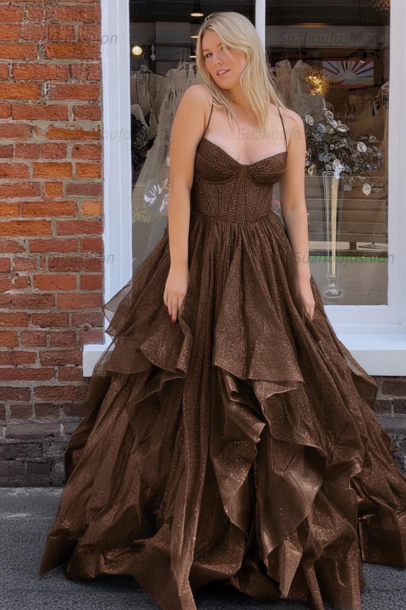 Dark Green A Line Long Corset Prom Dress With Ruffles