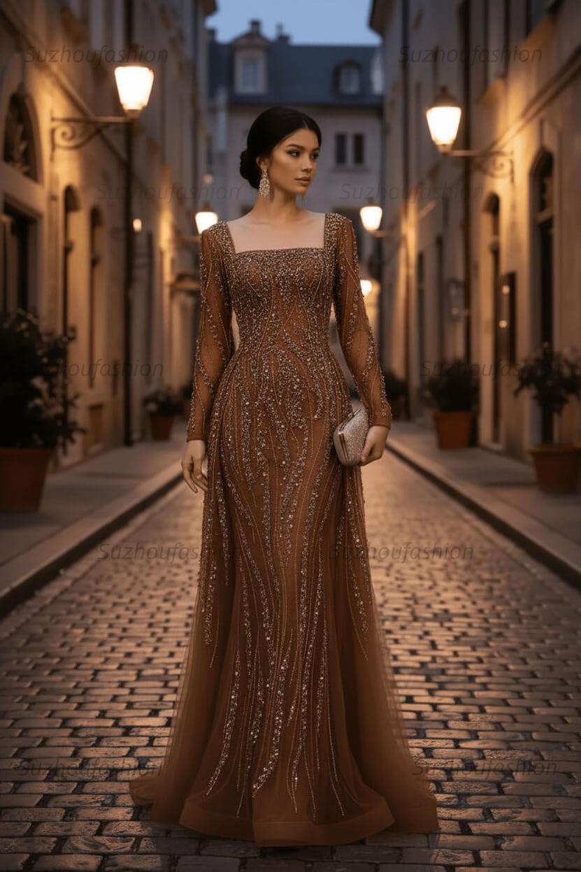 Square Neck Long Sleeves Long Mermaid Evening Formal Dress With Beading Tulle