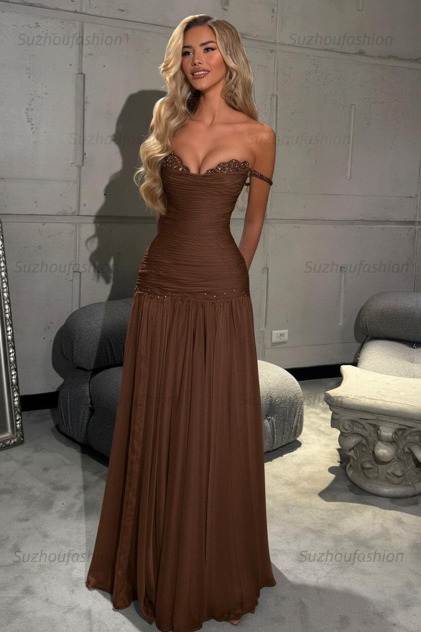 Off The Shoulder Prom Dress Sleeveless Pleated A Line Formal Evening Gown