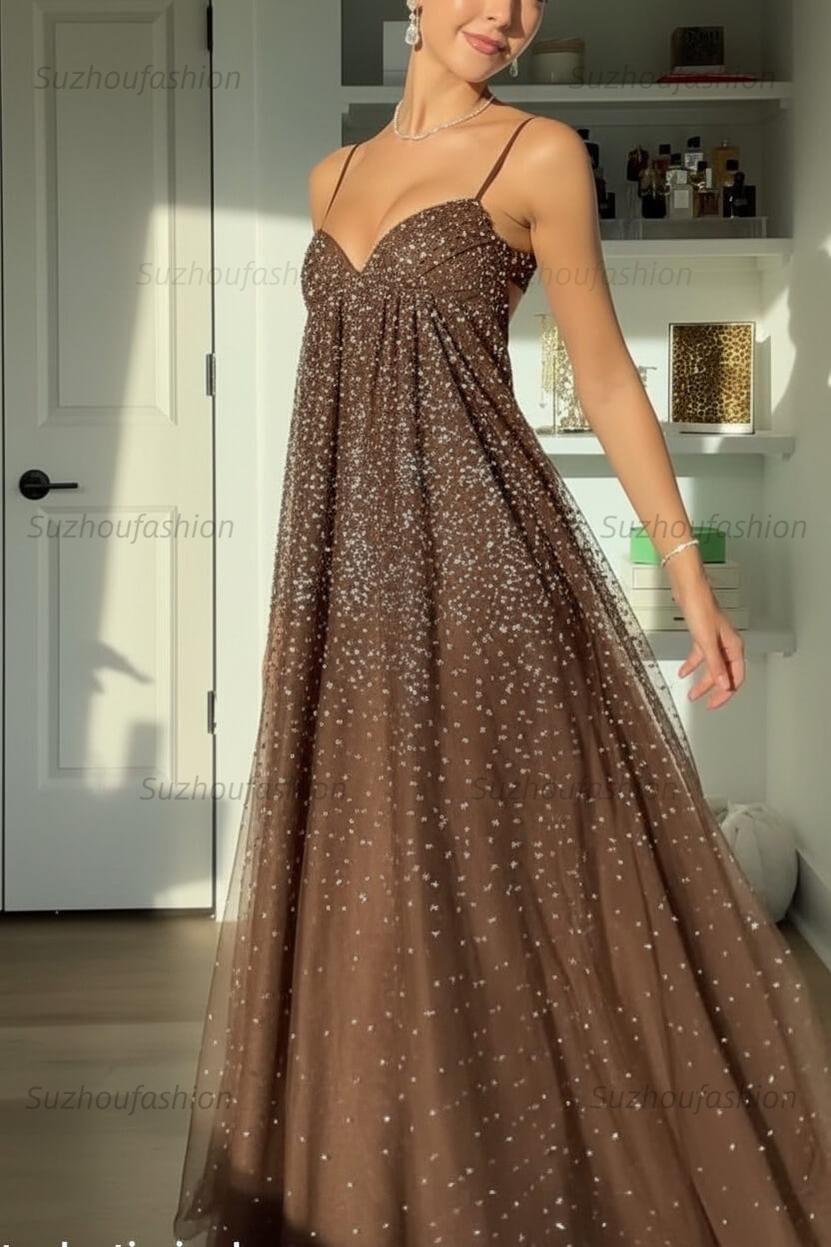 Suzhoufashion Bling A Line Spaghetti Straps Grey Blue Long Party Dress With Beading Formal Evening Gown