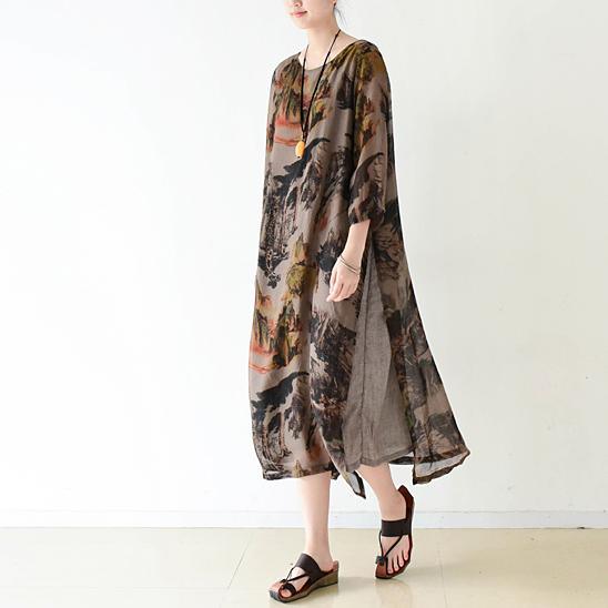 Brown flowy print chiffon dresses maxi dress long sleeve cotton lining