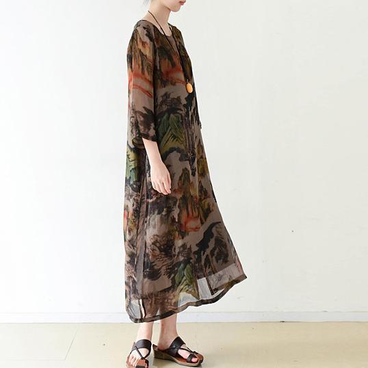 Brown flowy print chiffon dresses maxi dress long sleeve cotton lining