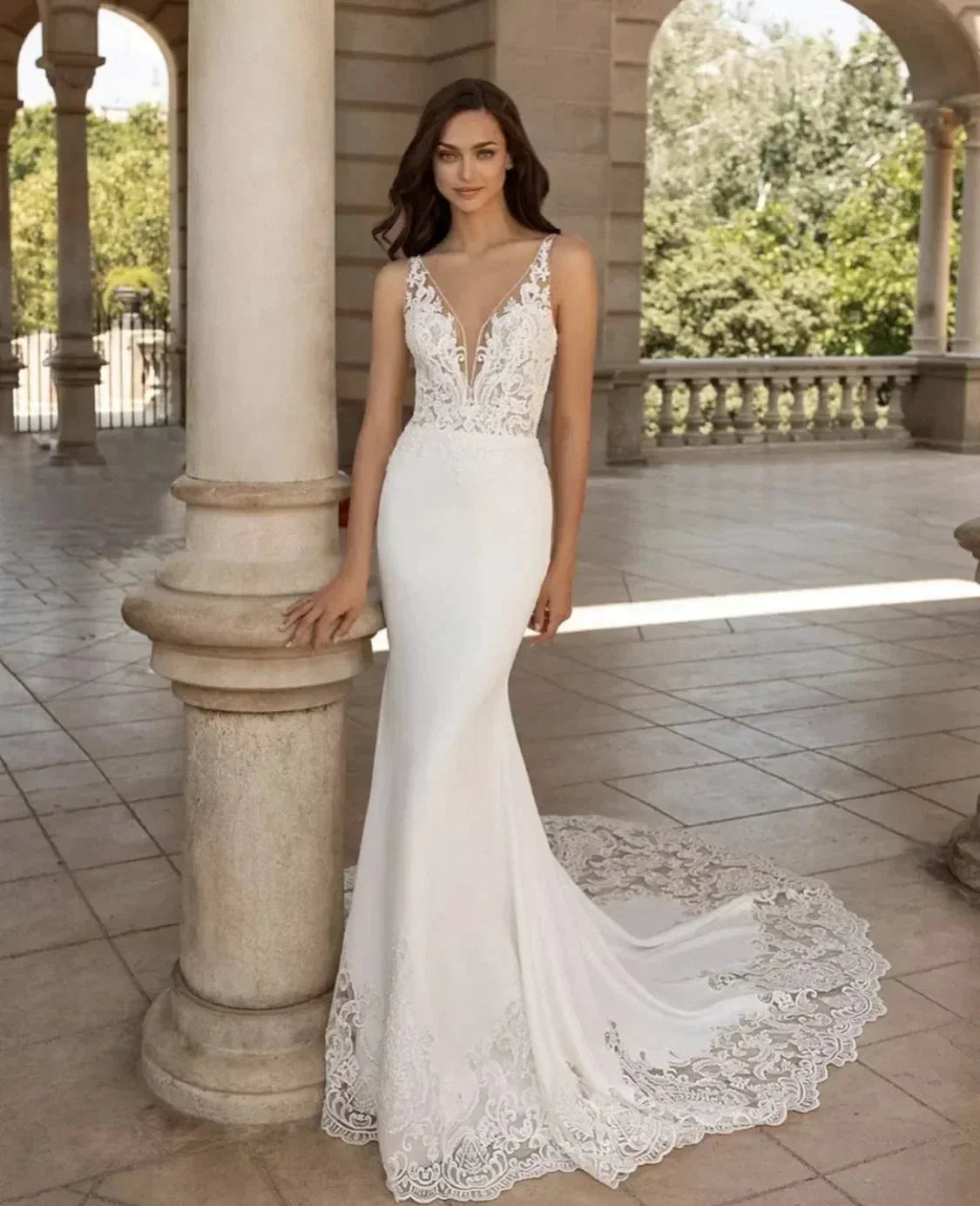 Brush Train Mermaid Wedding Dresses Sexy Depp V-neck Vestidos De Novia Sleeveless Appliques Vestido De Noiva by payinti