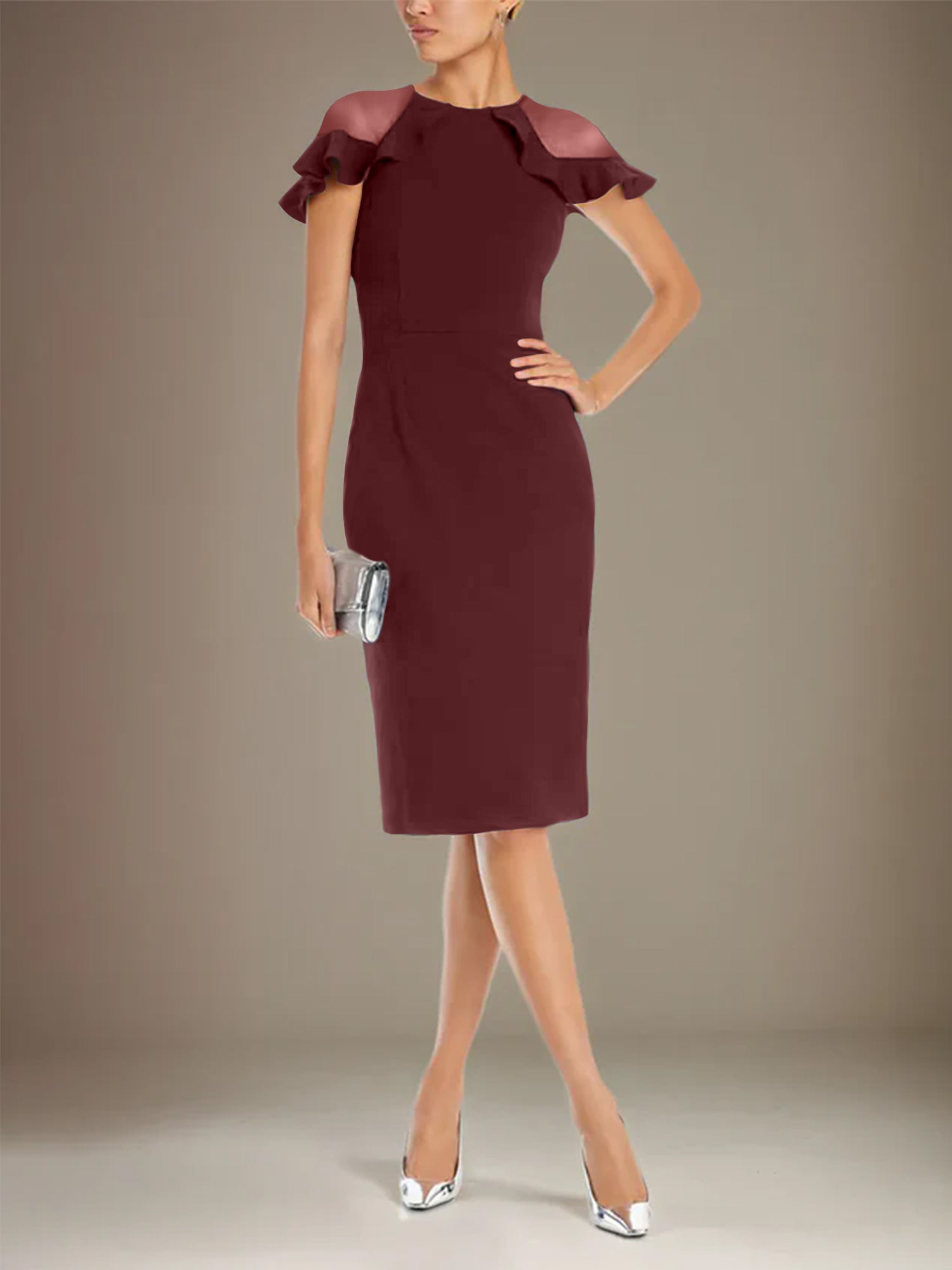 Sheath/Column Stretch Crepe Scoop Short Sleeves Knee Length Dress