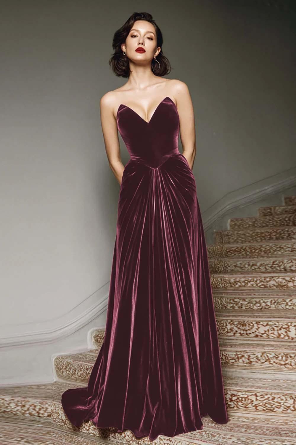 Suzhoufashion Burgundy A-Line Sweetheart Maxi Velvet Prom Dress