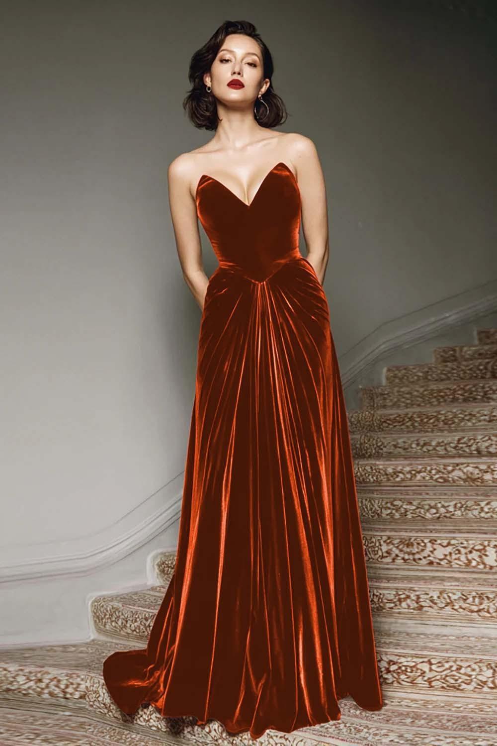 Suzhoufashion Burgundy A-Line Sweetheart Maxi Velvet Prom Dress