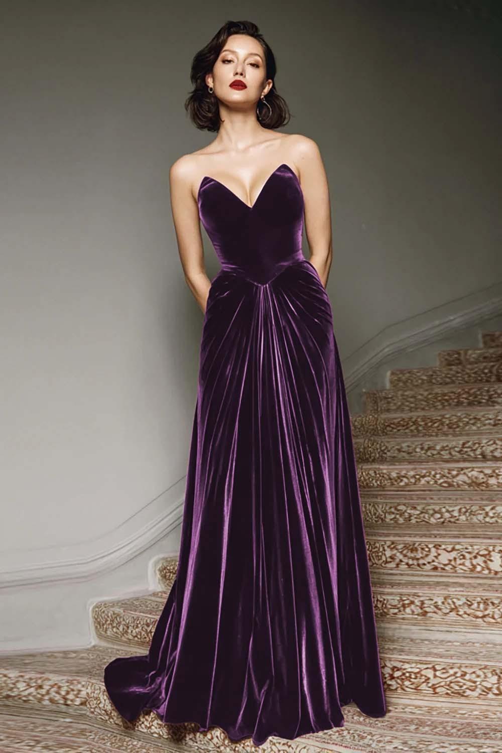 Suzhoufashion Burgundy A-Line Sweetheart Maxi Velvet Prom Dress