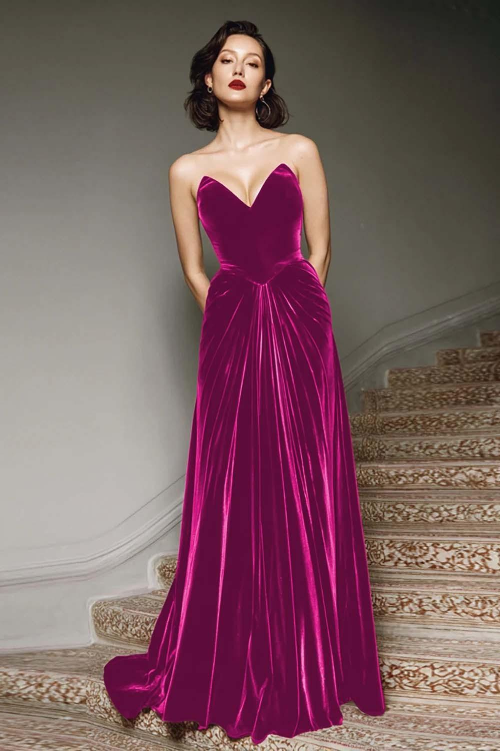 Suzhoufashion Burgundy A-Line Sweetheart Maxi Velvet Prom Dress