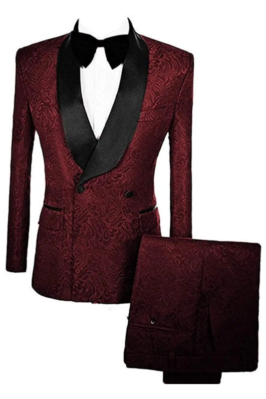 Burgundy Double Breasted Jacquard Wedding Suit with Velvet Lapel