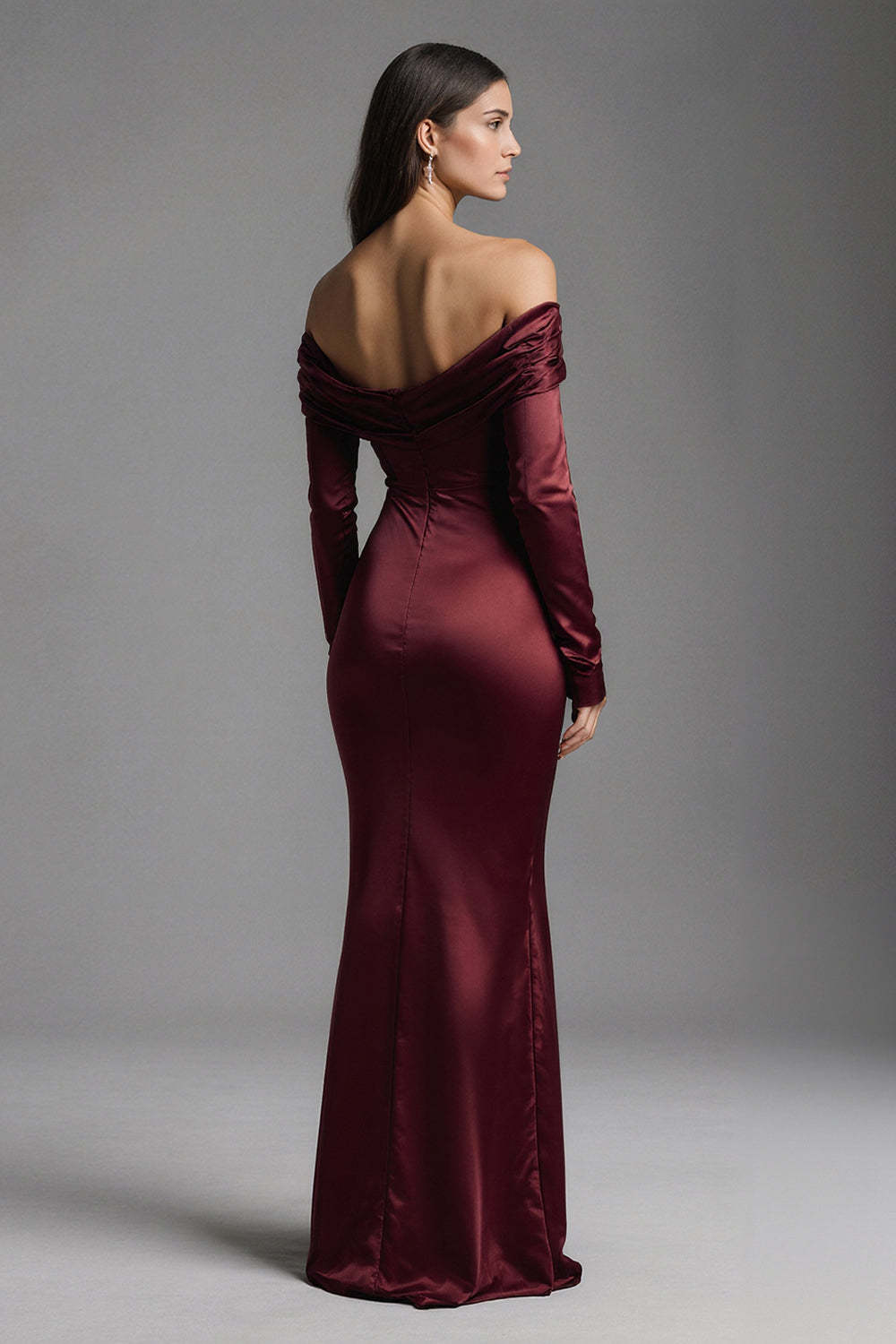 Suzhoufashion Burgundy Mermaid Off The Shoulder Long Satin Evening Dress With Slit