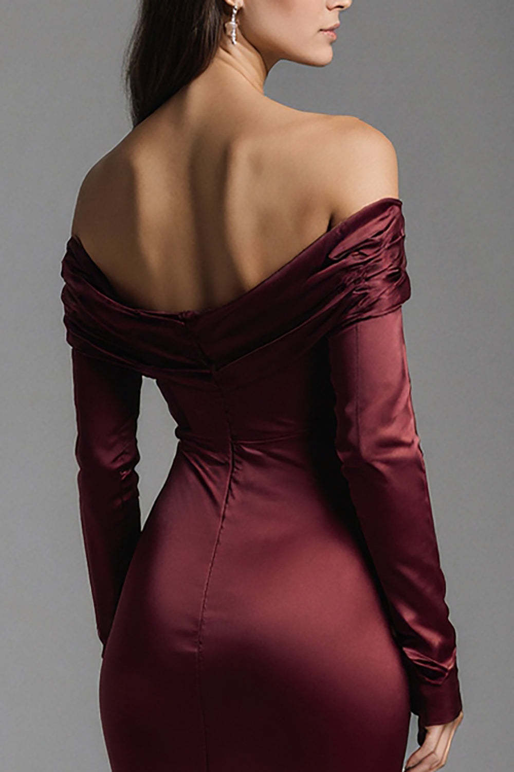 Suzhoufashion Burgundy Mermaid Off The Shoulder Long Satin Evening Dress With Slit