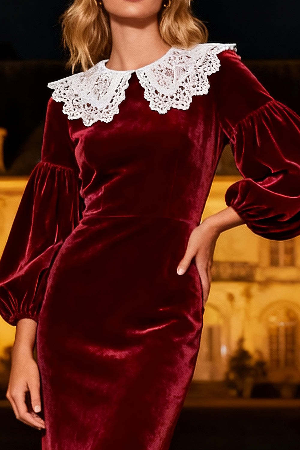Suzhoufashion Burgundy Mermaid Peter Pan Collar Long Velvet Holiday Party Dress
