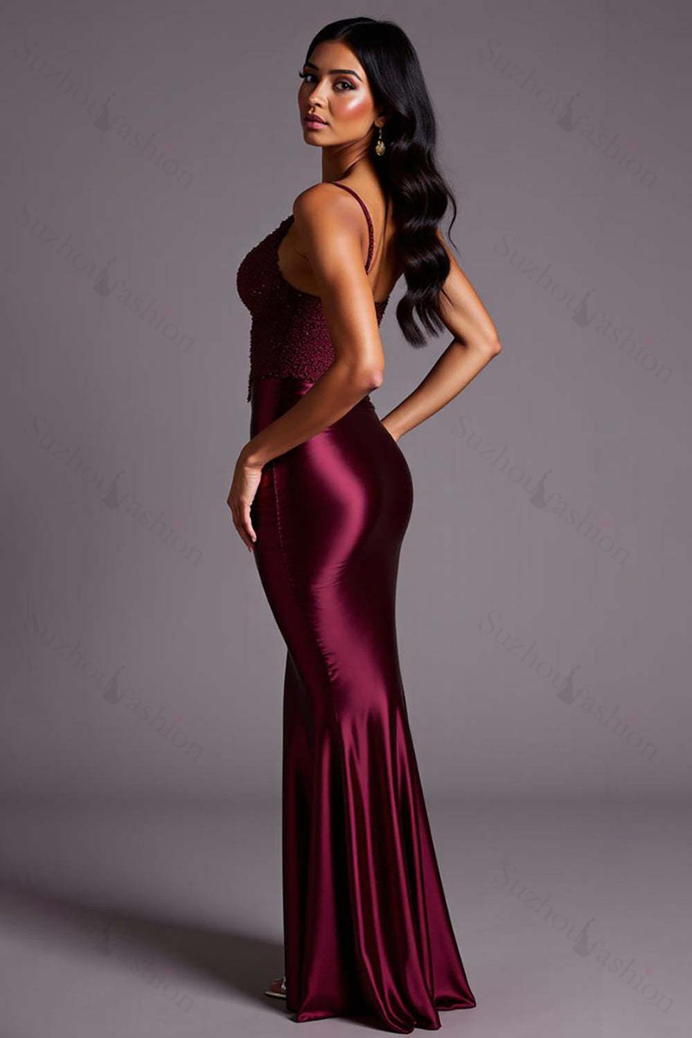 Burgundy Prom Dress Mermaid Satin Spaghetti Straps Long Formal Dress With Lace