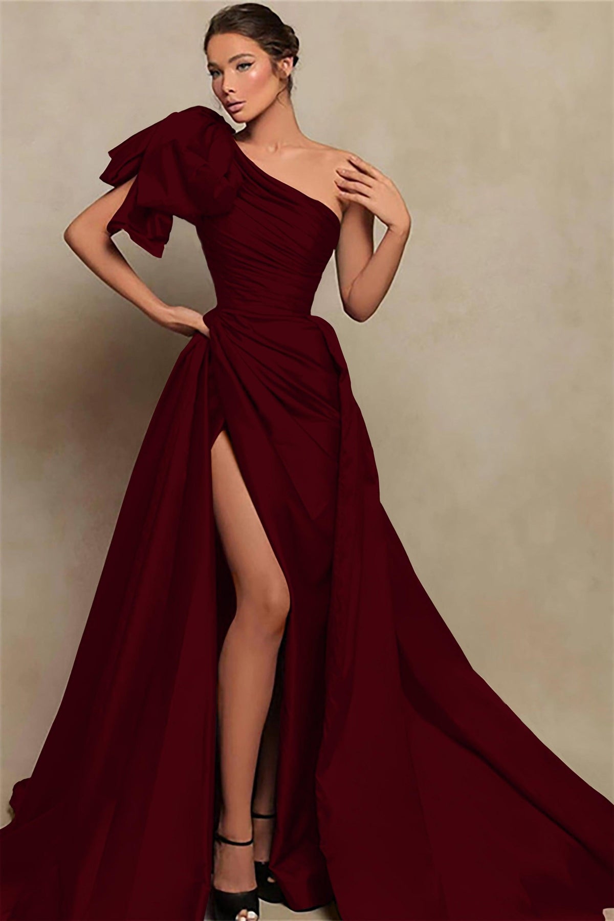 Burgundy Prom Dress One Shoulder Mermaid Evening Formal Dress With Split