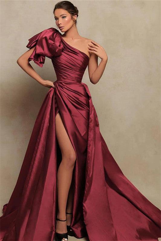 Burgundy Prom Dress One Shoulder Mermaid Evening Formal Dress With Split