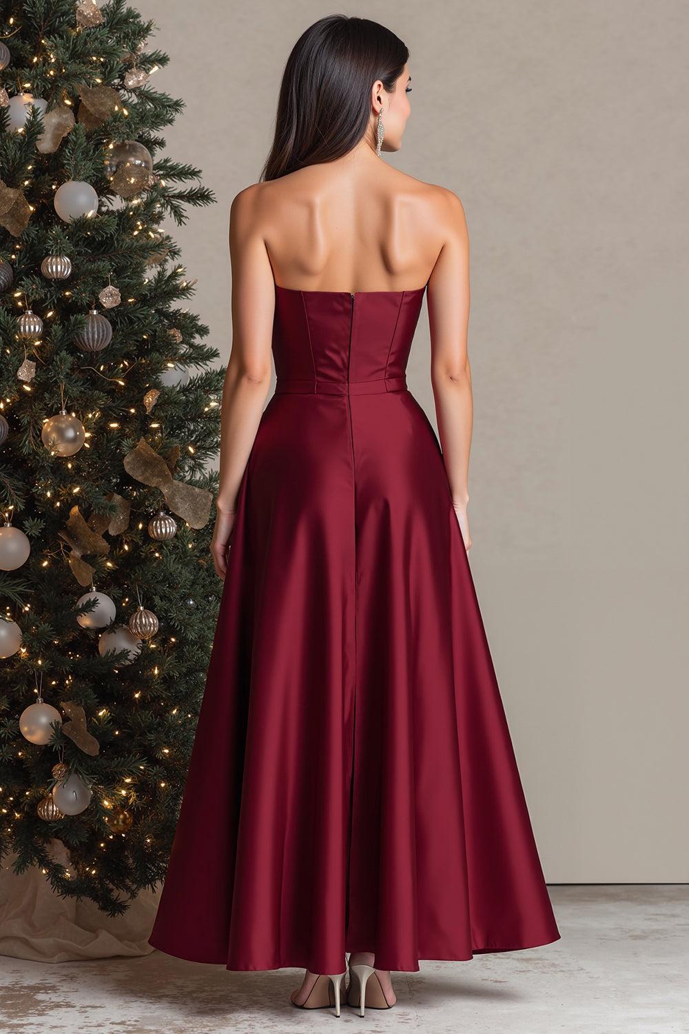 Suzhoufashion Burgundy Satin Sweetheart A Line Long Prom Dress