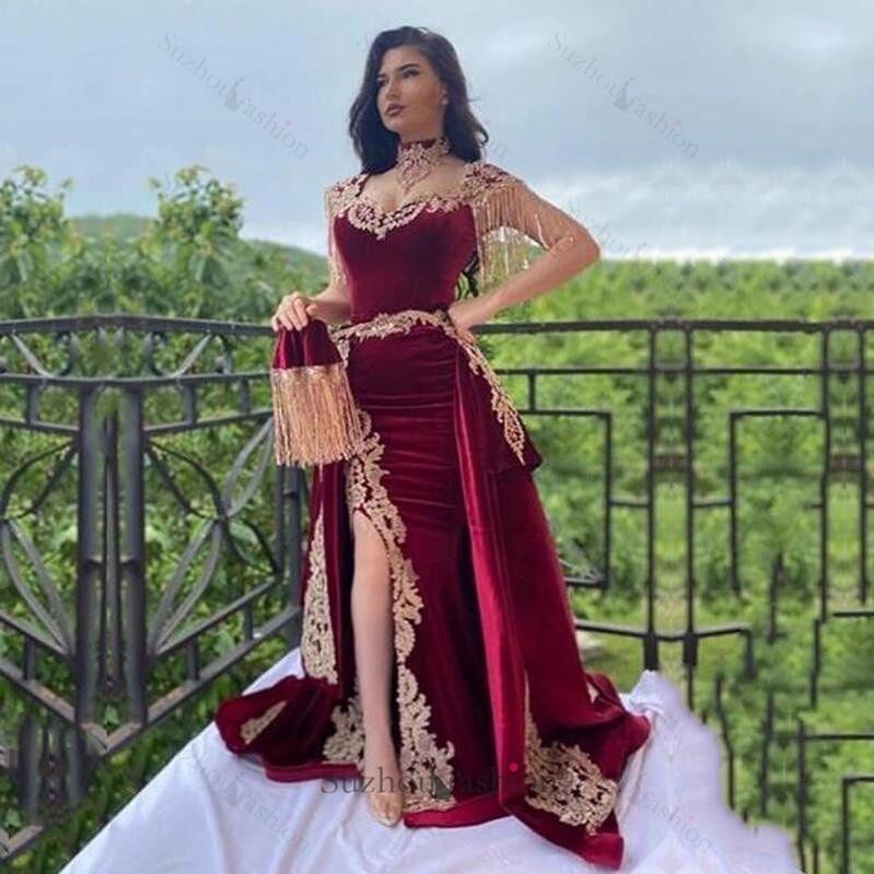 Burgundy Velvet Christmas Party Dress Lace Appliques Slit Formal Dress With Detachable Train