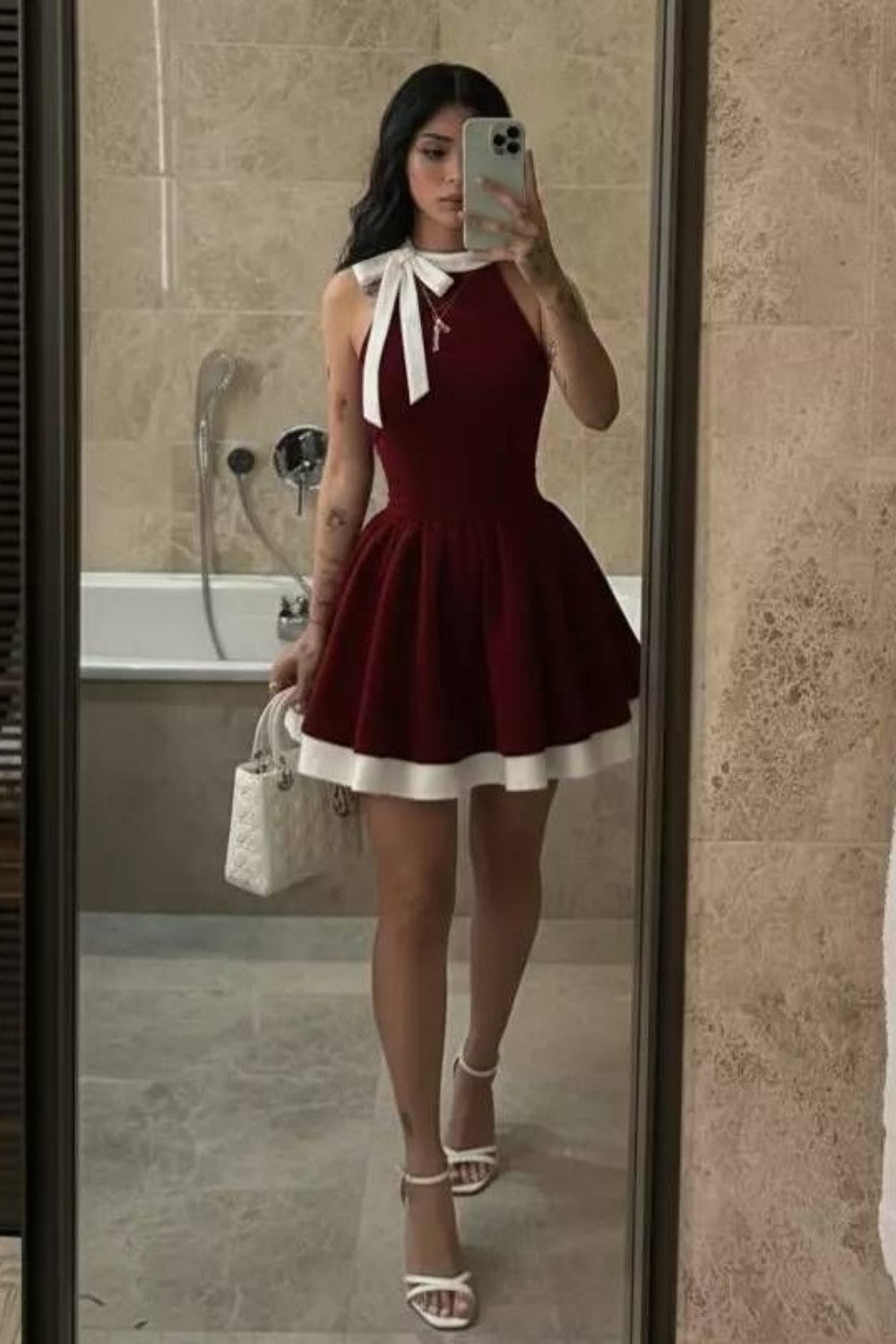 Burgundy Halter Bow Neck A Line Homecoming Dress with White Trim