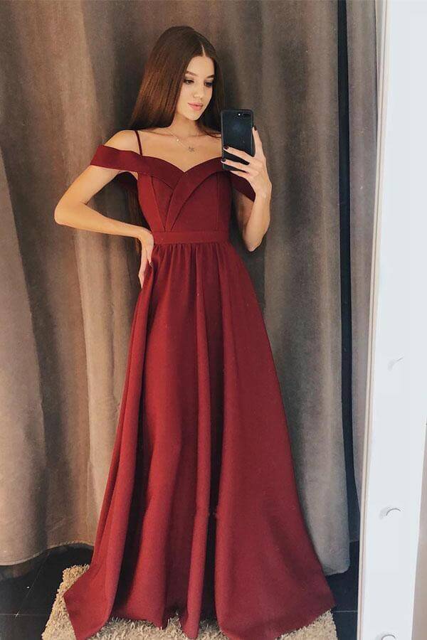 Burgundy Satin Off Shoulder Prom Dresses, Long Bridesmaid Dresses - VelvetHem