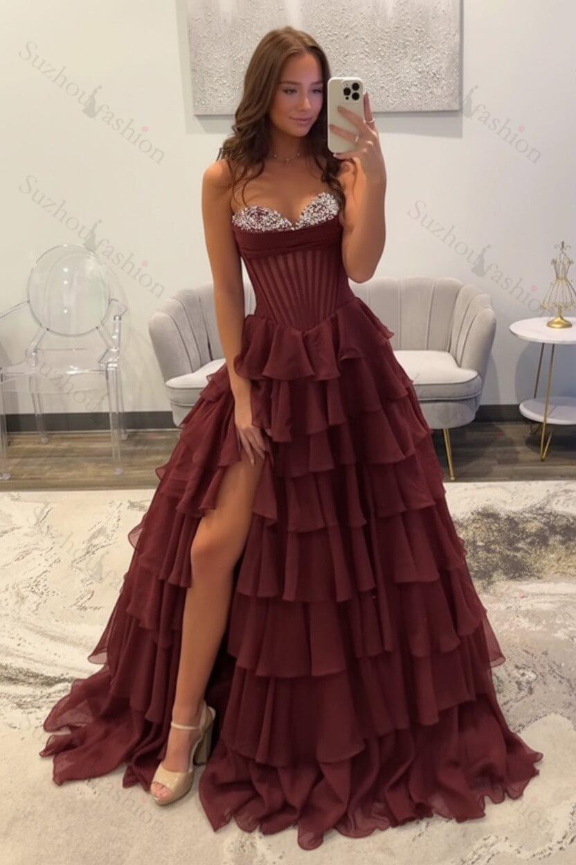 Ruffled Black Prom Dress A Line Corset Long Formal Dress With Beadings