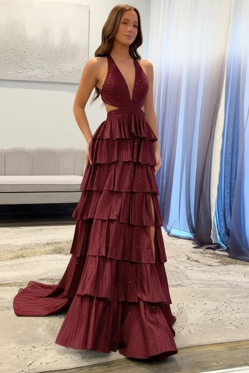 Emerald Green Prom Dress Tiered A-Line Halter Long Formal Dress With Slit