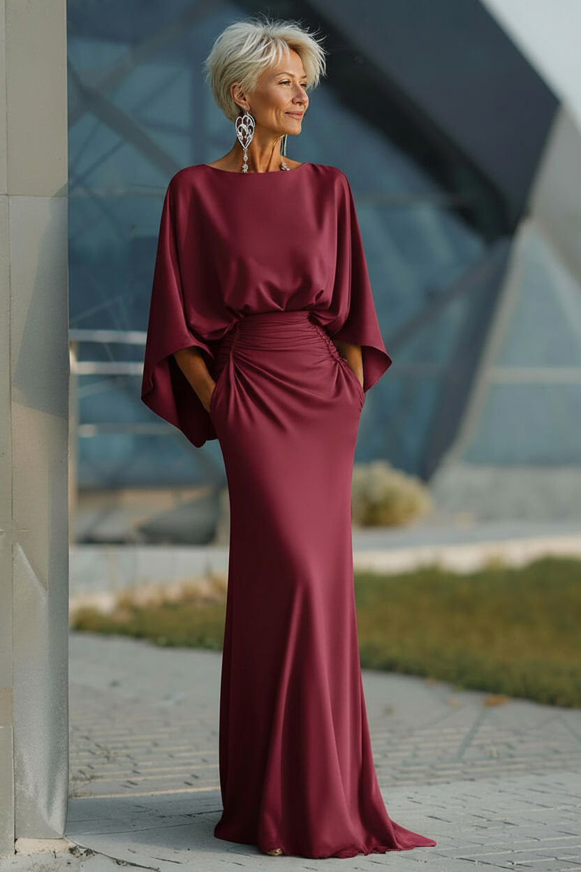 Navy Satin Mermaid Backless Long Mother Of The Bride Dress With Pockets