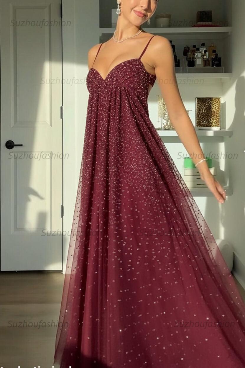 Suzhoufashion Bling A Line Spaghetti Straps Grey Blue Long Party Dress With Beading Formal Evening Gown