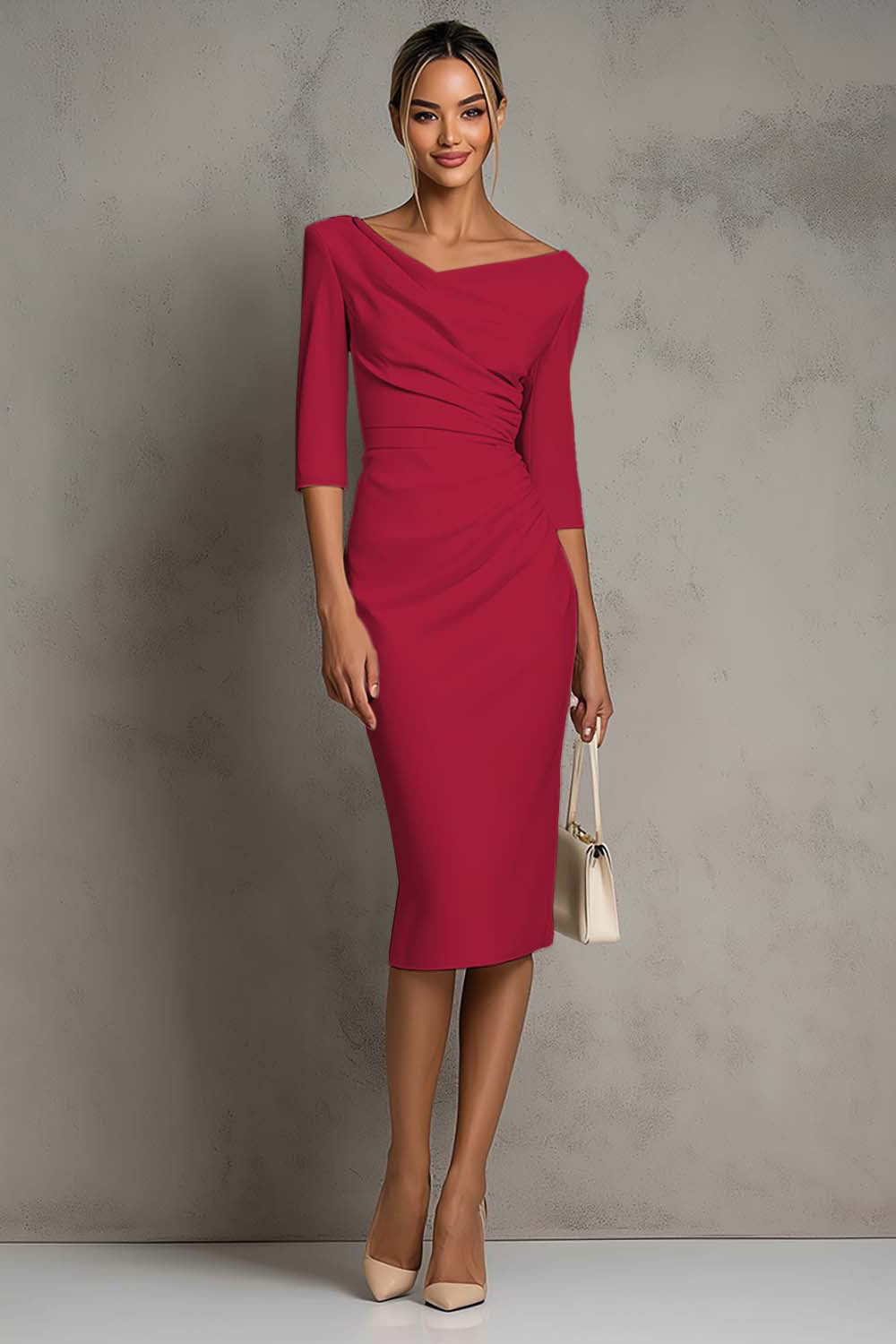 Ivory Sheath V-Neck Midi Dress With Half Sleeves