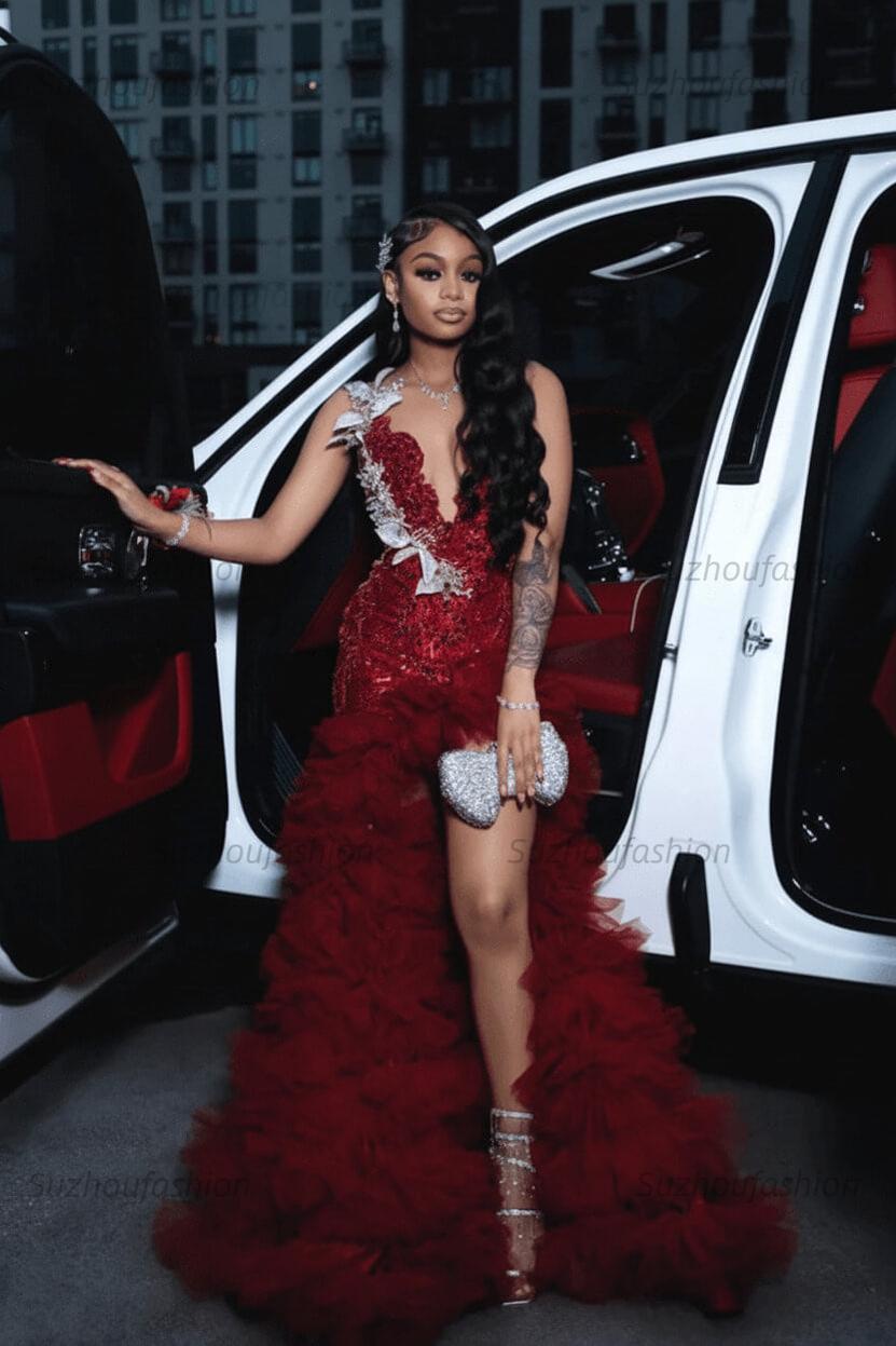 Red Tulle Ruffled Prom Dress Sequined V Neck Formal Evening Gown with 3D Flowers