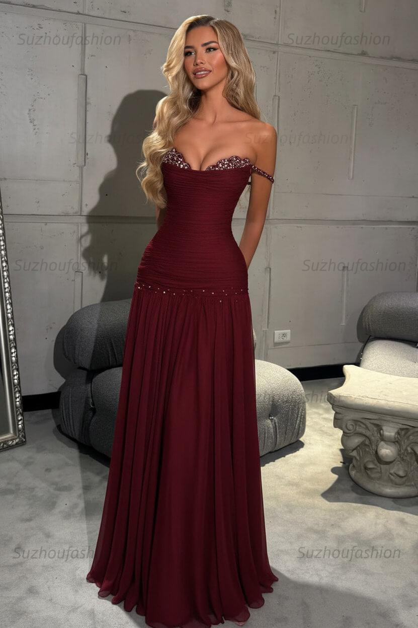 Off The Shoulder Prom Dress Sleeveless Pleated A Line Formal Evening Gown