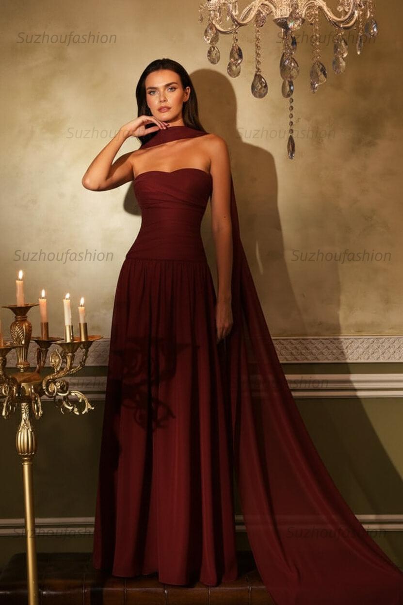 Chiffon Strapless Sleeveless Long Evening Formal Dress With Ruffled Pleated