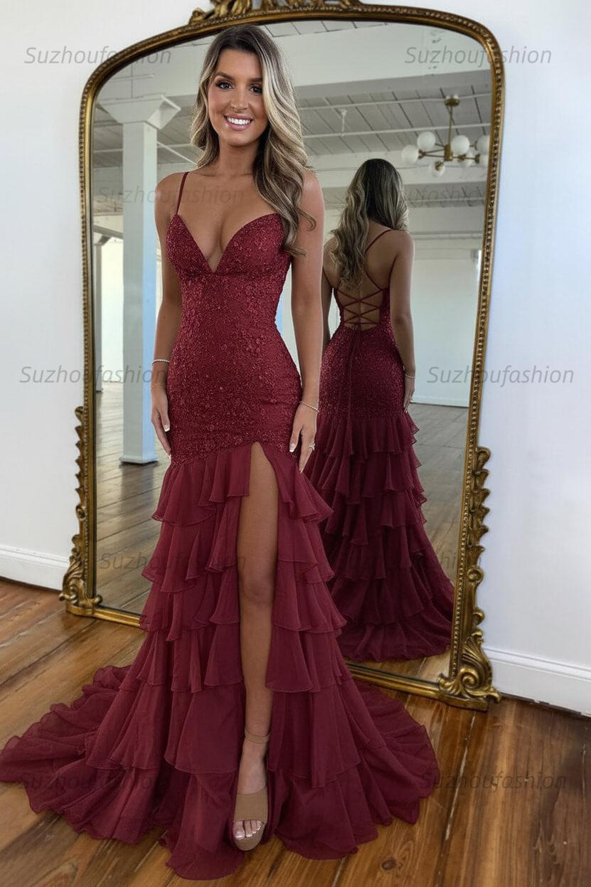 Suzhoufashion Mermaid Spaghetti Straps Lace Up Long Prom Dress With Ruffle Skirt Formal Evening Gown