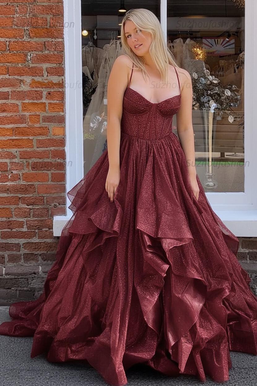 Dark Green A Line Long Corset Prom Dress With Ruffles