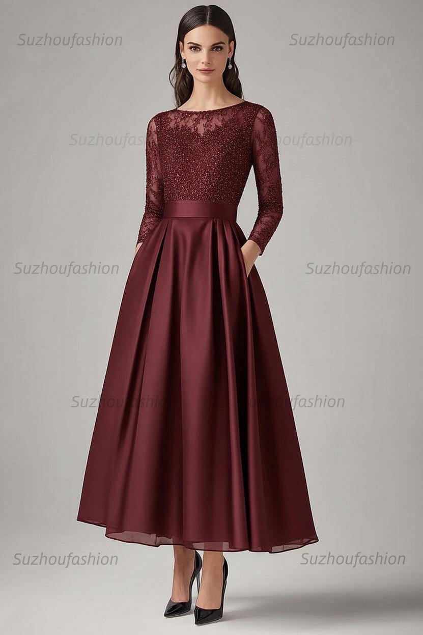 Navy Wedding Guest Dress Beaded A Line Long Sleeves Formal Dress With Lace