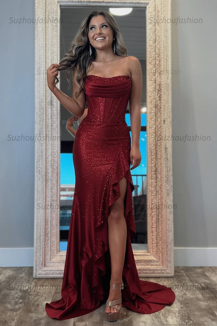 Hot Pink Beaded Prom Dress Corset Ruffled Strapless Formal Dress With Slit