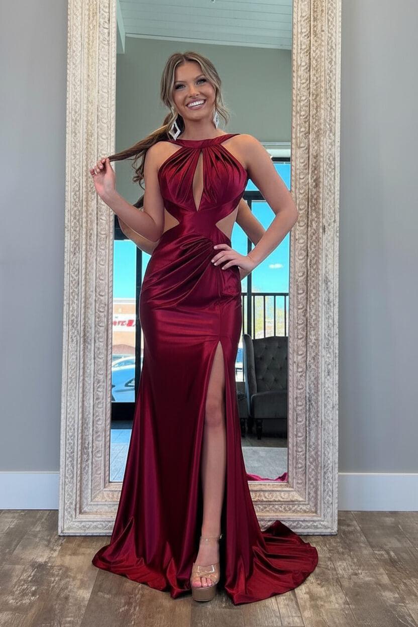 Suzhoufashion Stylish Fuchsia Metallic Mermaid Prom Dress With Slit And Open Back Formal Evening Gown
