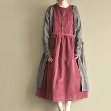 Burgundy corduroy casual maxi dress three quarter sleeve dress