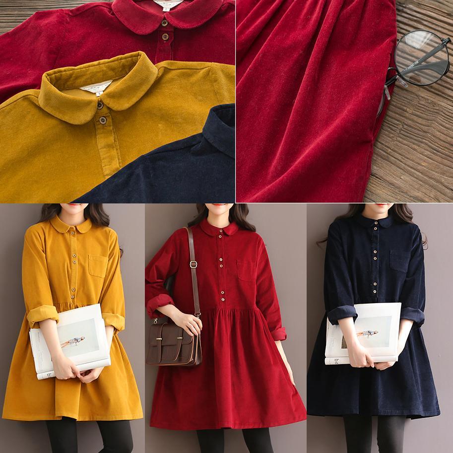 Burgundy retro corduroy dress elegant plus size cotton dresses oversize blouse