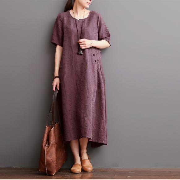 Burgundy summer linen dresses short sleeve maxi dress oversize