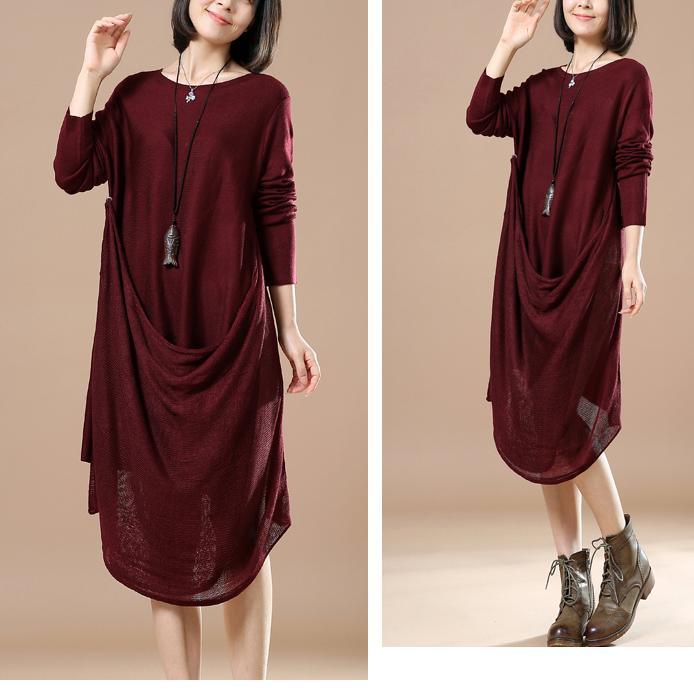 Burgundy winter dresses knitted sweaters woman